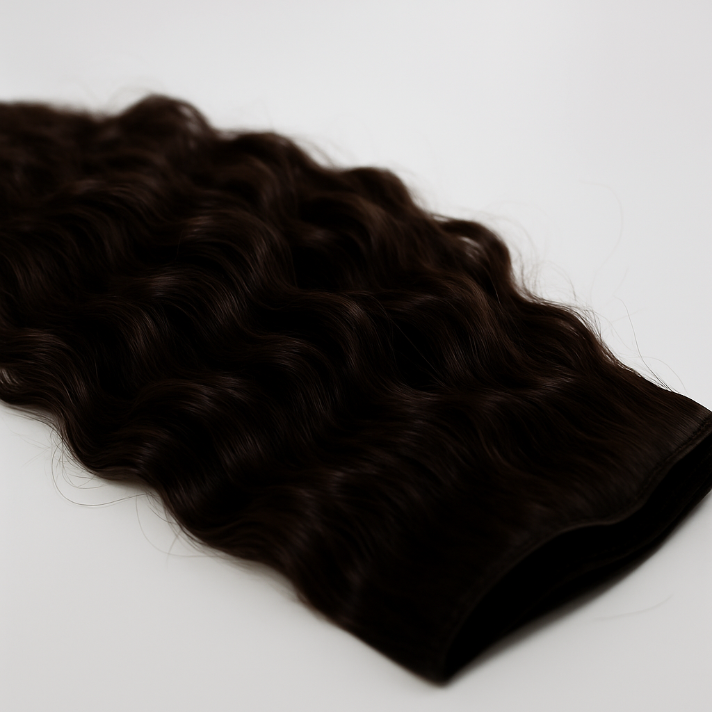 Dark brown hair extensions on a white background