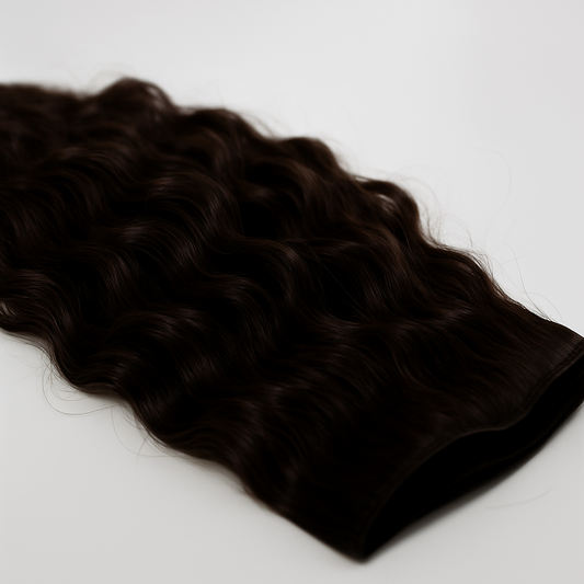 Dark brown hair extensions on a white background