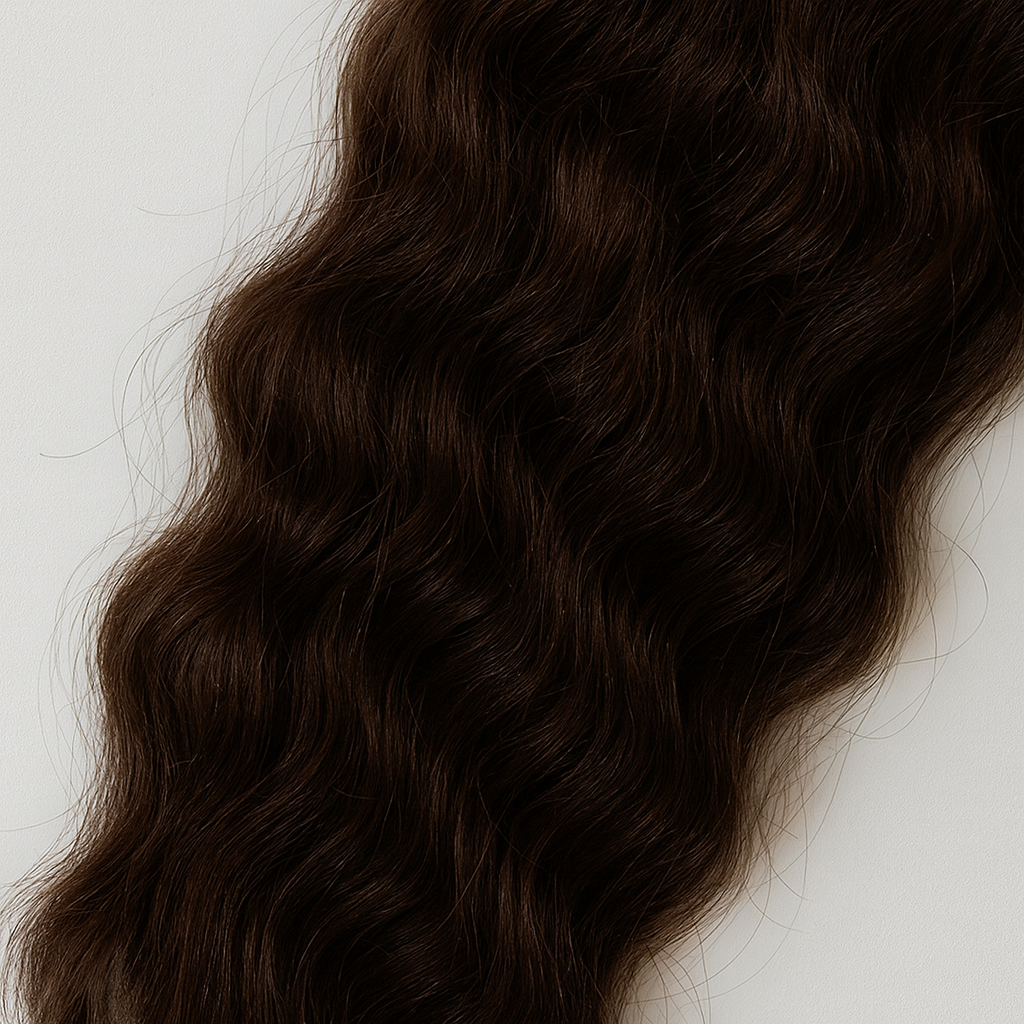 Close-up of dark brown hair with waves on a light gray background