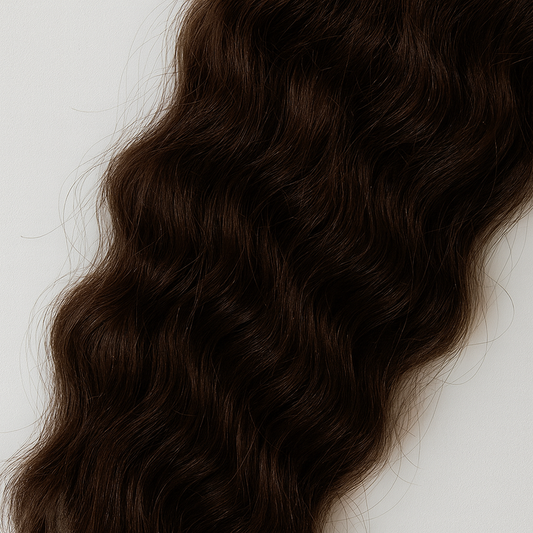 Close-up of dark brown hair with waves on a light gray background