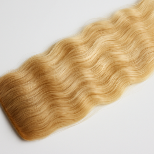 Blonde hair extensions with wavy texture on a light gray background