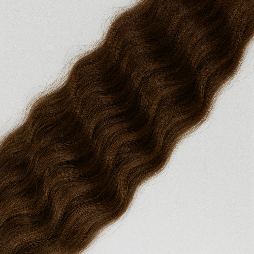 Wavy brown hair extensions on a light gray background