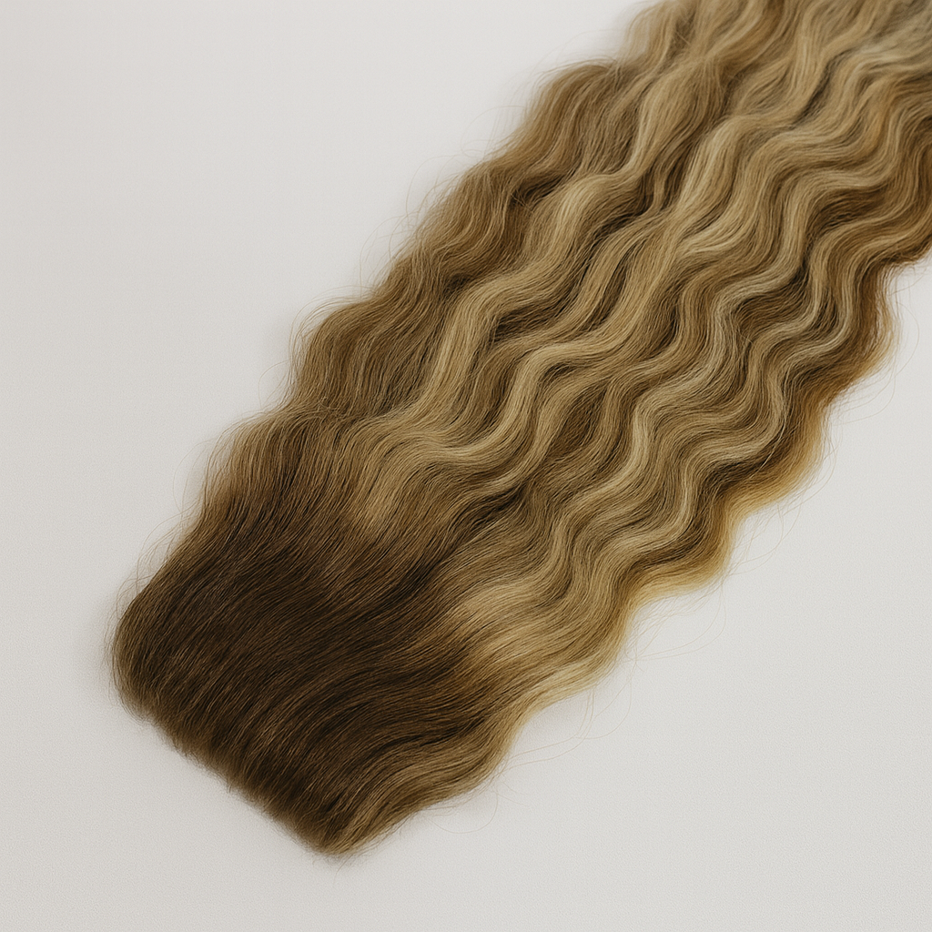 Wavy hair extensions with a gradient color on a white background