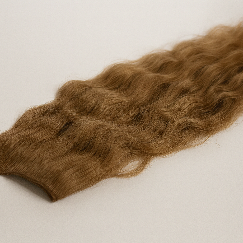 Wavy blonde hair extension on a white background