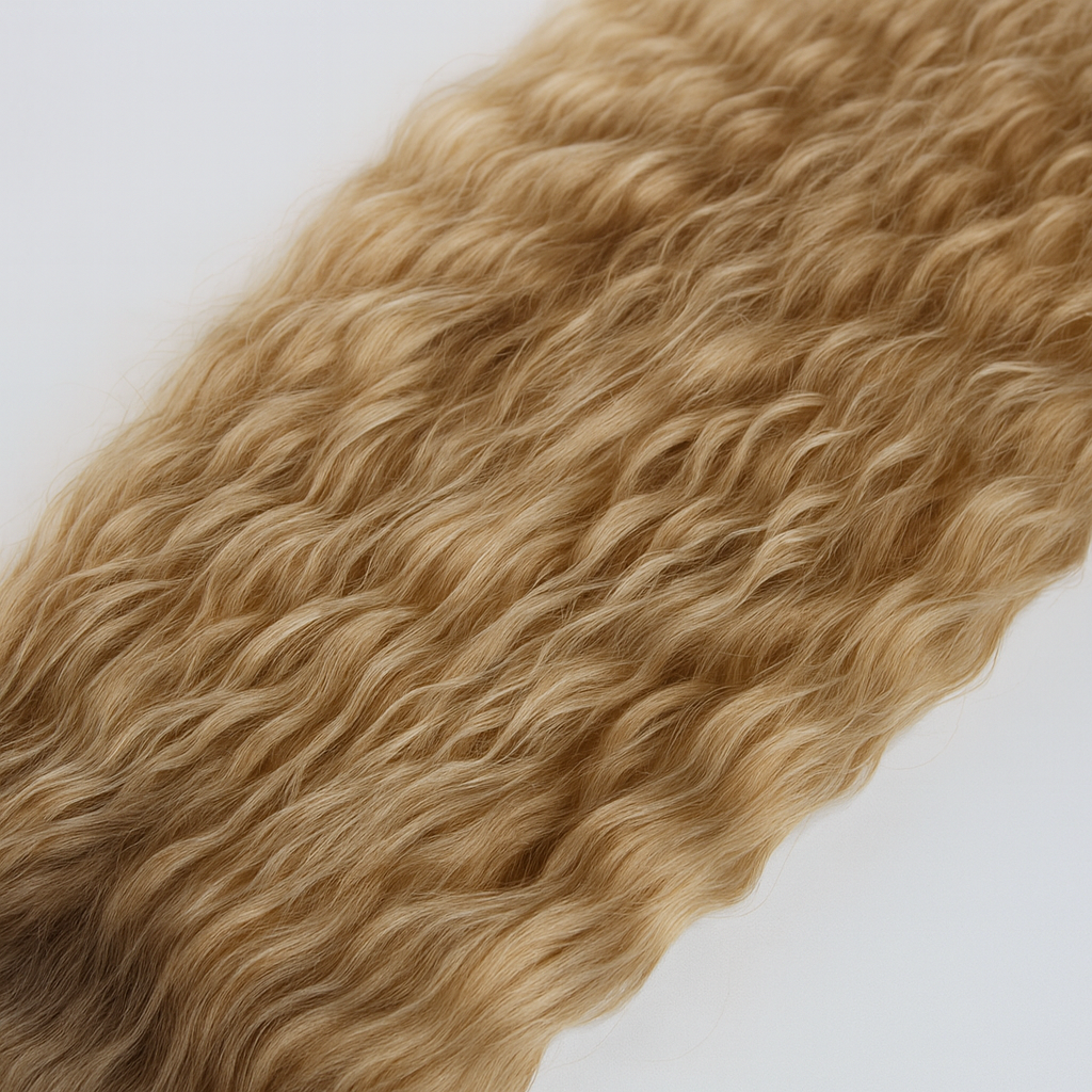Blonde hair extensions with wavy texture on a white background
